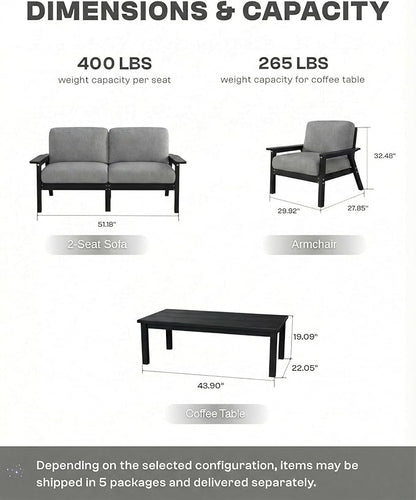 HDPE Patio Furniture Set 8 Seats, Outdoor Couch with Washable Thick Gray Cushions & Side Table, Outdoor Sectional Furniture for Backyard, Deck, Lawn, Porch (Black Frame)