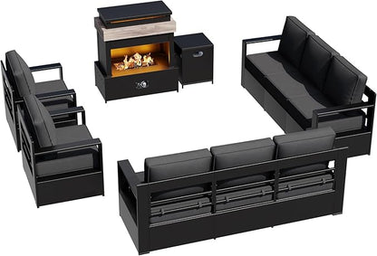 Outdoor Aluminum Furniture Set, 5-Piece Patio Conversation Set, 2 Swivel Chairs, 2 Sofa and 1 Fireplace, All-Weather Metal Frame, 6" Thick Removable Cushions, Deep Setting for Garden and Porch