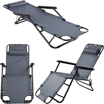 Outdoor Folding Chaise Lounge Chair, Patio Sun Lounger Reclining Beach Chair Sun Patio Pool Lawn Recliner Chair (Gray)