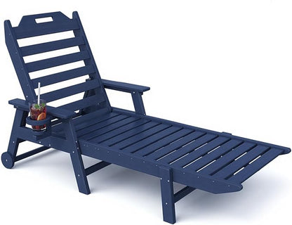 Mdeam 6-Position Lounge Chair Outdoor, 22" W Oversized Sun Tanning Chair, 500LBS Capacity, HDPE All-Weather Patio Lounge Chaise with Wheels Cup Holder for Pool Beach Backyard Lawn Deck, Navy Blue