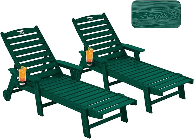 Chaise Lounge Chair Outdoor with Wheels, Oversize Patio Lounge Chairs with Wood Texture, 5-Position Plastic Lounge Chairs Set of 2-Green(Separate Delivery)