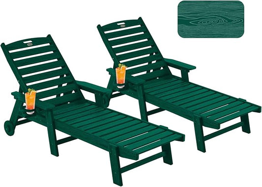 Chaise Lounge Chair Outdoor with Wheels, Oversize Patio Lounge Chairs with Wood Texture, 5-Position Plastic Lounge Chairs Set of 2-Green(Separate Delivery)