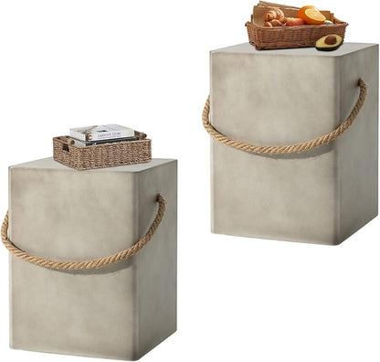 HOMPUS Outdoor Side Table Set of 2, 2 Pieces Patio Concrete Natural End Table w Hemp Rope Handle, Square Accent Table Set, Small Coffee MgO Table for Garden, Porch and Deck, Light Grey
