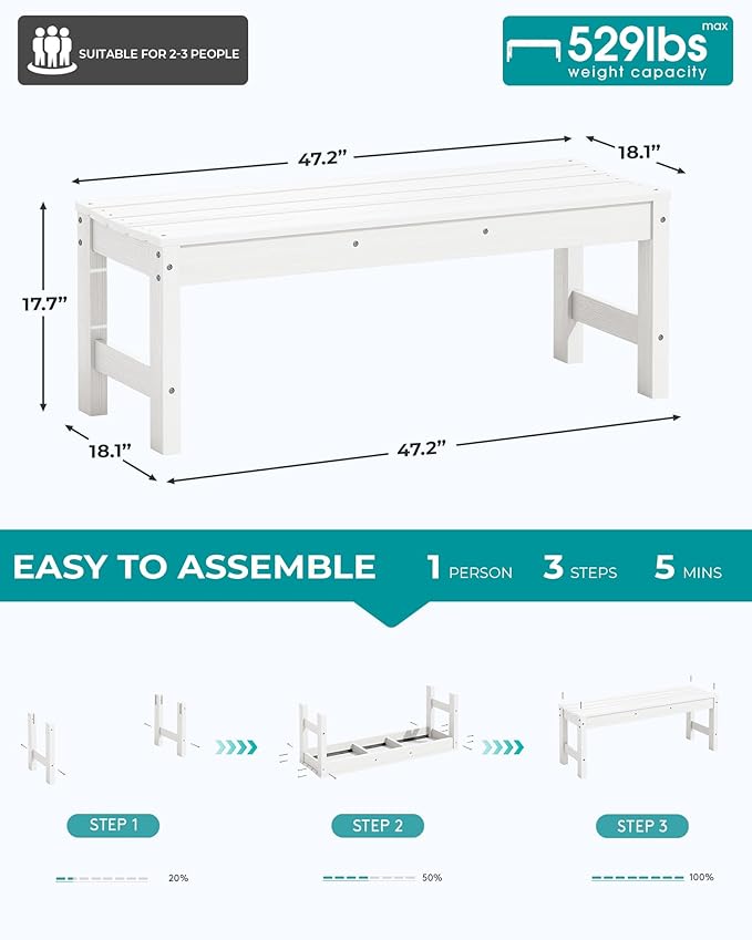 SERWALL 47 Inches Outdoor Bench Set of 2 - Photo 3