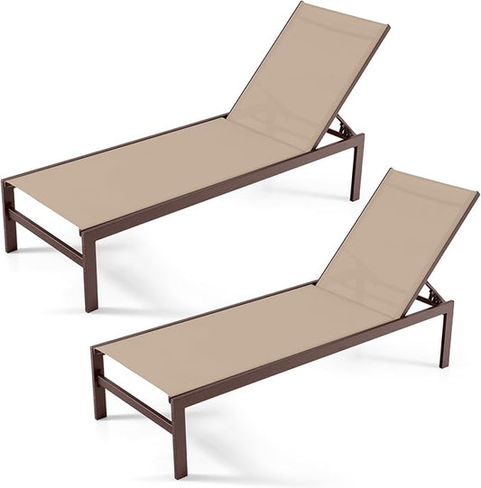 Giantex Patio Chaise Lounge Chair, Outdoor Sunbathing Chair Lawn Reclining Lounger with 6 Adjustable Position, Aluminium Frame, Outside Tanning Chairs for Deck,Yard, Pool Lounge Chairs (2, Brown)
