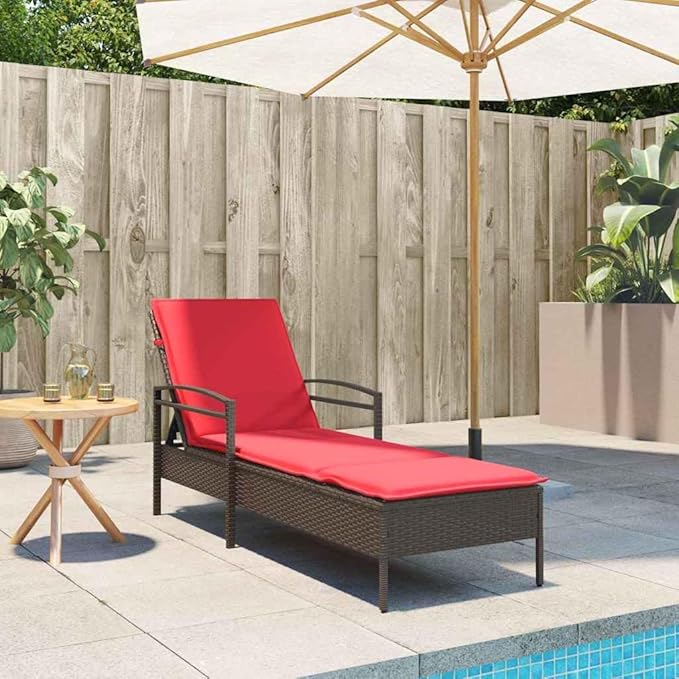 Modern Brown Poly Rattan Outdoor Chaise Lounge 24.8"x78.7"x31.9" Adjustable Recliner w/Cushion & Armrests for Patio - Photo 1