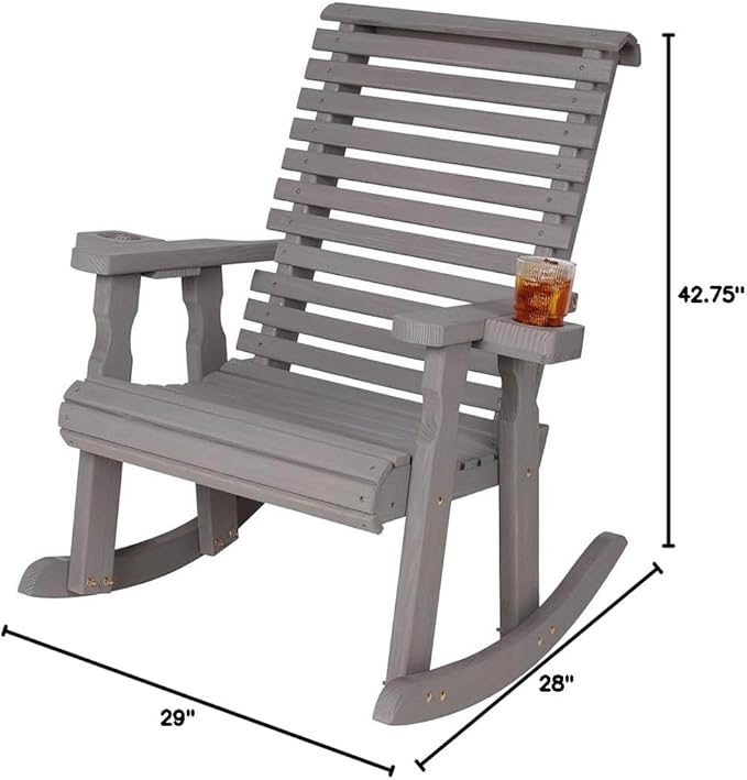 Amish Casual Heavy Duty 600 Lb Roll Back Pressure Treated Rocking Chair with Cupholders (Semi-Solid Grey Stain)