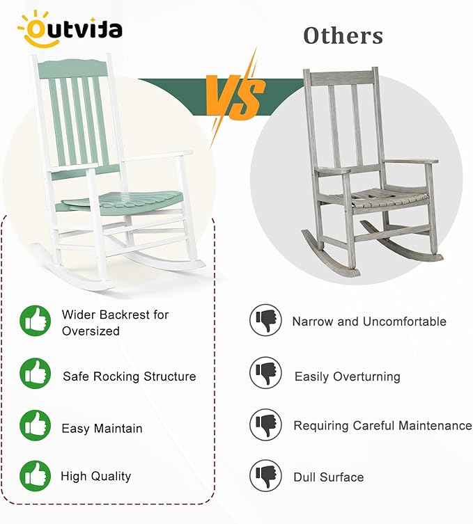 Outvita Outdoor Rocking Chair, Solid Wood High Back Rocker, All Weather Lounge Chair for Porch Patio Fire Pit Garden Backyard Deck Indoor, Wave Shape, White & Green