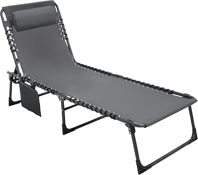 BlueWish Outdoor Chaise Lounge, Folding Lounge Chair with 5 Position Reclining Backrest, Removable Pillow, Storage Bag, Patio Chaise Lounges for Beach, Patio, Poolside