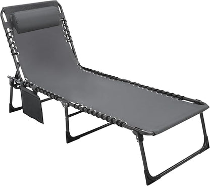 BlueWish Outdoor Chaise Lounge, Folding Lounge Chair with 5 Position Reclining Backrest, Removable Pillow, Storage Bag, Patio Chaise Lounges for Beach, Patio, Poolside