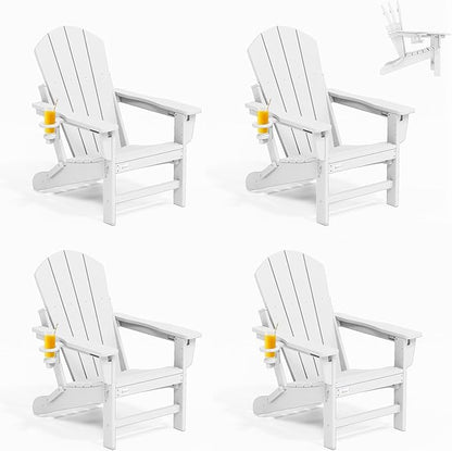 Mdeam 3-Position Adjustable Adirondack Chairs Set of 4, 400LBS Capacity, Cup Holder, Wooden Textured, All-Weather HDPE Folding Fire Pit Outdoor Chairs for Poolside Deck Patio Garden Yard Lawn - White