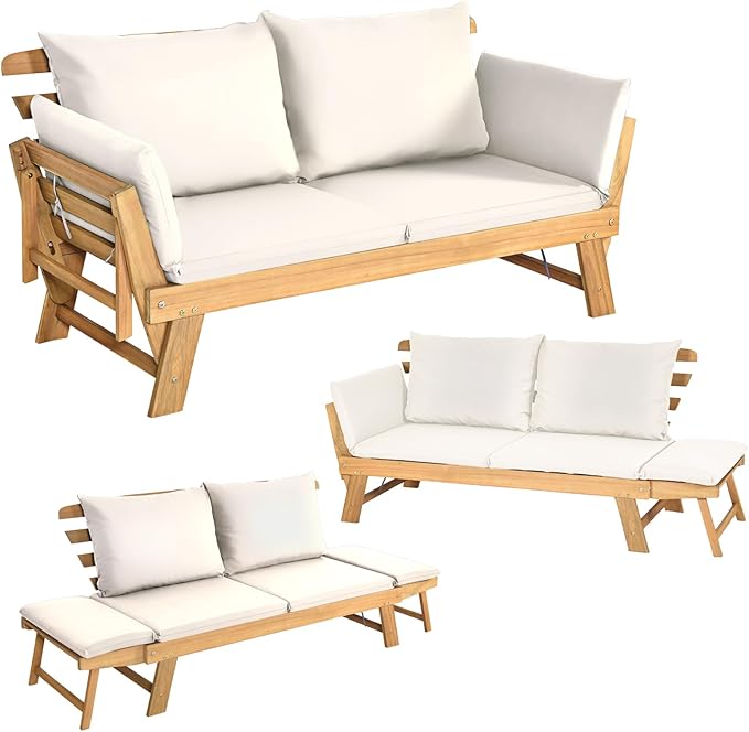 S AFSTAR Patio Convertible Couch Sofa Bed, Acacia Wood Chaise Lounger with Adjustable Armrest, Cushion & Pillows - Photo 1
