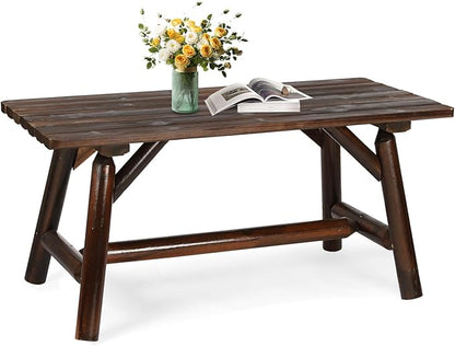 Outdoor Coffee Table, Thick Wooden Patio Adirondack Log Coffee Table with Slatted Tabletop, Wood Rustic Rectangle Center Table for Deck, Garden, Balcony, Indoor or Outdoor Use, Carbonized
