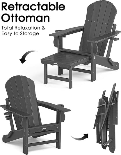 Folding Adirondack Chair with Ottoman, Recyclable HDPE Adirondack Patio Chair with 2 Cup Holder, Outdoor Fire Pit Chairs with Pull Out Footrest, Weather Resistant for Garden, Deck, Poolside, Grey