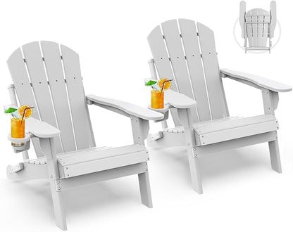 GREENVINES Folding-Adirondack-Chairs-Set-of-2 | HDPE Plastic | Fire Pit Chair | All Weather | Cup Holder | White | for Deck Backyard Patio Outdoor Garden