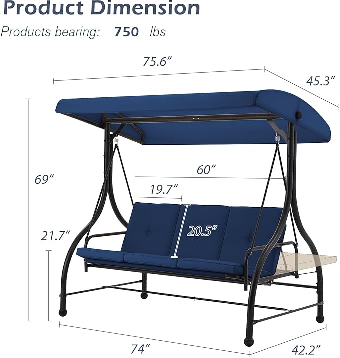 AECOJOY Porch Swing Chair, 3 Seats Porch Swing Adjustable Canopy Outdoor Swing with Stand Patio Swing Bed with - Photo 5