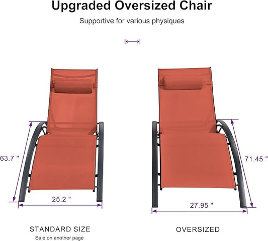 PURPLE LEAF Patio Oversized Chaise Lounge Chair Set with Side Table Poolside Adjustable Recliner Chairs for Outside Beach Outdoor Pool Sunbathing Tanning Lounger, Coral Red