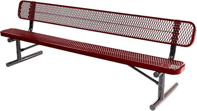 COATEDOUTDOORFURNITURE Heavy-Duty Portable Outdoor Bench Thermoplastic Coated, Expanded Metal, Commercial-Grade Seating, Made in America (Portable with Back, 8 Ft, Textured Burgundy)