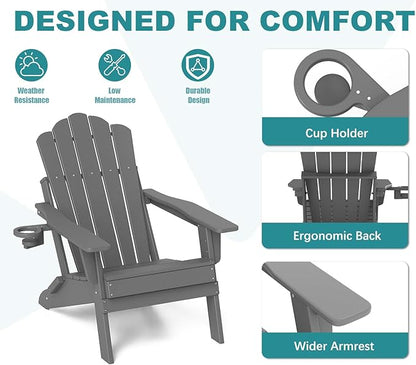 FOOWIN Adirondack Chair Set of 8, Folding HDPE Patio Chairs with Cup Holder, 400LBS Heavy Duty Commercial Fire Pit Seating for Resort, Hotel, Event, Large Deck, Grey