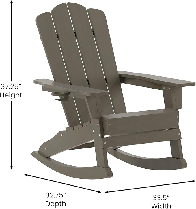 Flash Furniture Newport Adirondack Rocking Chair with Cup Holder, Weather Resistant Poly Resin Adirondack Rocking Chair, Brown