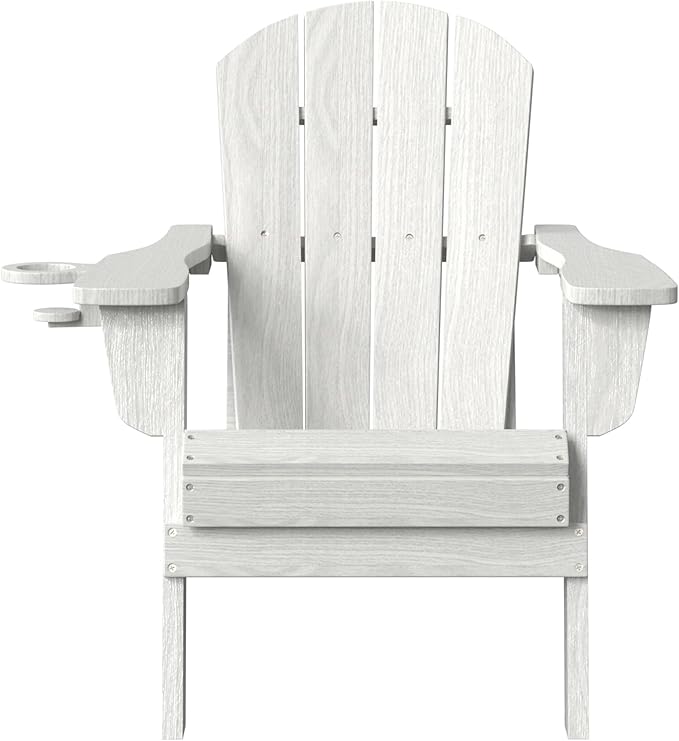 Folding Adirondack Chair with Cup Holder, HDPE All-Weather Folding Patio Chair, Outdoor Patio Adirondack Chair for Lawn Porch Garden Backyard Deck Fire Pit, White