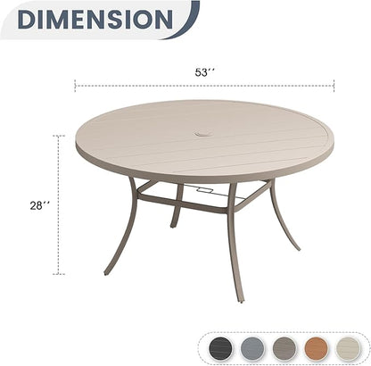 VICLLAX 53" Outdoor Round Patio Dining Table for 8, All Weather Metal Dining Table with Umbrella Hole for Deck Lawn Garden Backyard, Sandshell