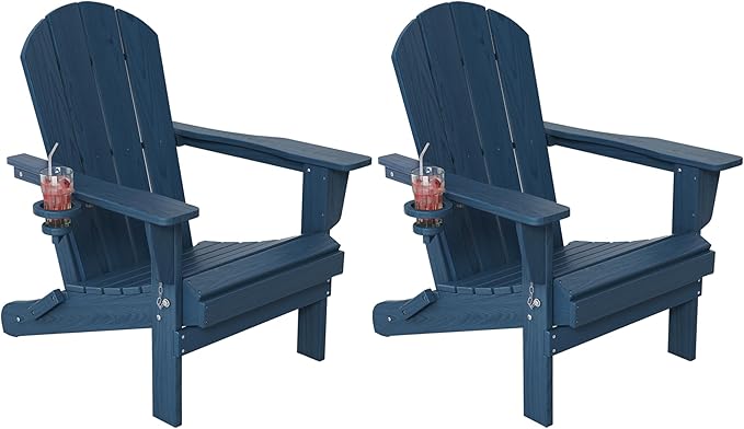 Outdoor Folding Adirondack Chair Set of 2 for Patio Fire Pit, Wooden Textured HDPE Adjustable Chairs with Cup Holder, Waterproof All Weather Resistant Plastic for Pool Lawn Garden Backyard(NavyBlue)