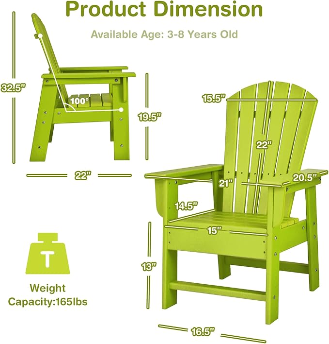 Giantex Adirondack Chair, Kids HDPE Patio Lawn Chair with Ergonomic Backrest for Deck, Porch, Backyard, Poolside, Indoor, Weather Resistance Toddler Outdoor Chair (2, Green)