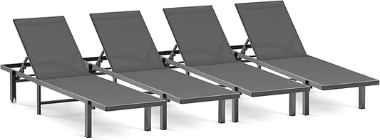 Ciokea Pool Chaise Lounge Chair Set of 4, Outdoor Lounge Chairs with Wheels, 5-Position Adjustable Sun Loungers for Outside, Deck, Beach, Grey