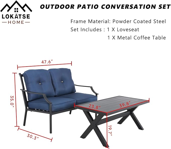 LOKATSE HOME Outdoor Loveseat and Coffee Table Metal Conversation Set Patio Furniture with Cushions for Poolside Backyard Lawn