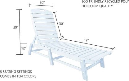 Phat Tommy Outdoor Pool Chaise Lounge, Heavy-Duty Beach Lounger - Folding, HDPE, Recycled Poly Furniture - Reclining Lounge Chair for Patio, Deck, Beach, Cabana, or Poolside, White