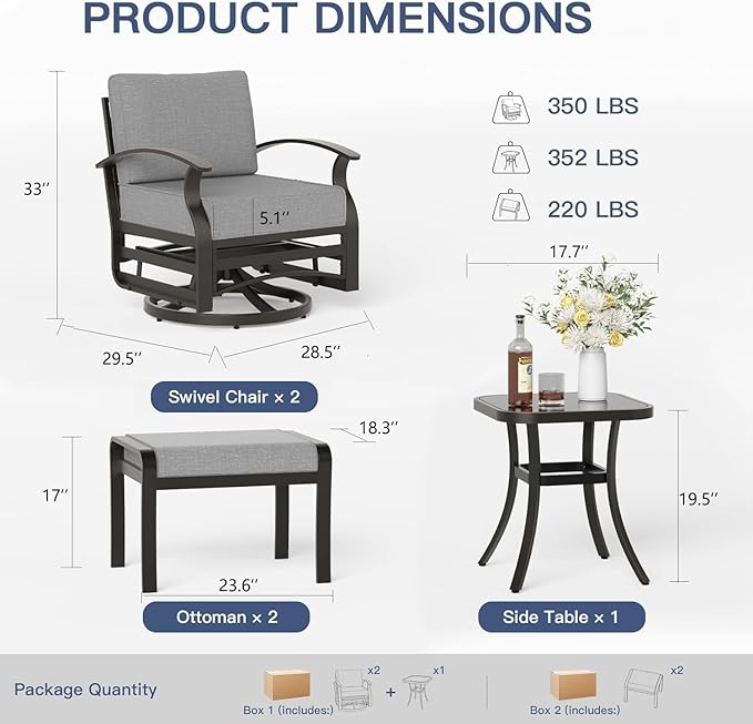 Gotland 5 Piece Patio Set, Aluminum Outdoor Swivel Chairs Set of 2 with 2 Ottoman 5.1’’ High-Resilience Seat Cushions - Photo 2