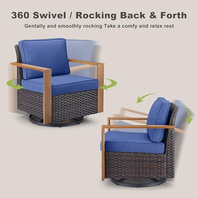 Rilyson Outdoor Wicker Patio Furniture Set - 5 Piece Patio Conversation Set with 2 Wicker Swivel Rocker Chairs,2 Ottoman, 1 Side Table, Thick Cushions, Deep Seating, Wide Armrest(Brown/Blue)