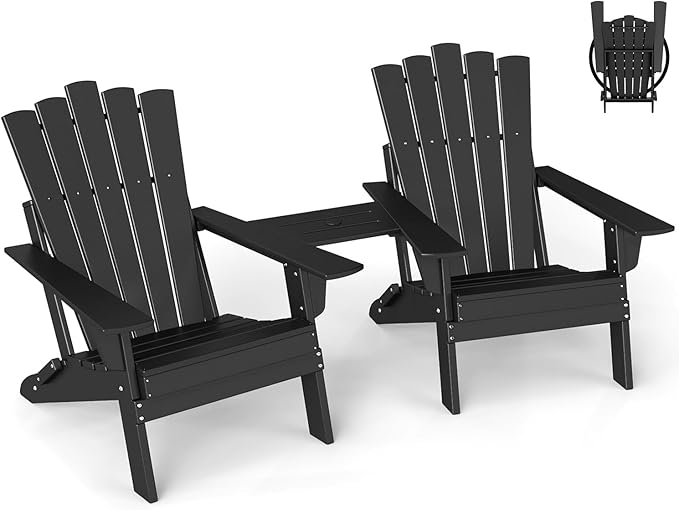 GREENVINES Folding-Adirondack-Chairs-Set-of-2 | HDPE Plastic | Throne Series | Fire Pit Chair | with Connecting Tray | Removable Table | All Weather | for Outdoor Patio Deck Poolside | Black