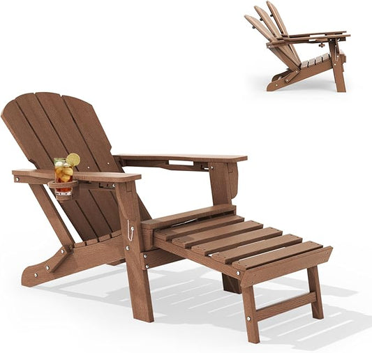 LOUNZY Folding Adjustable Adirondack Chair with Retractable Ottoman, HDPE Recliner Adirondack Chair with Cup Holder for Deck Lawn Fire Pit, Brown