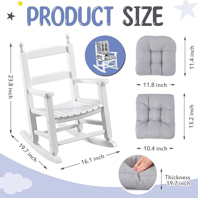Kids Rocking Chair Cushion Pad Set Toddler Rocking Chair Indoor Outdoor Wooden Rocker Child Patio Rocker for Porch Balcony Lawn Indoor Outdoor(White,Ages 2-5)