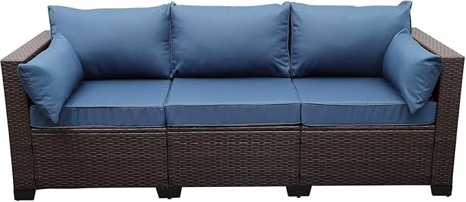 3-Piece Outdoor Rattan Couch Furniture Patio Wicker Sofa with Steel Frame with Furniture Cover and Deep Seat High Back, Blue Anti-Slip Cushion