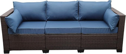 3-Piece Outdoor Rattan Couch Furniture Patio Wicker Sofa with Steel Frame with Furniture Cover and Deep Seat High Back, Blue Anti-Slip Cushion