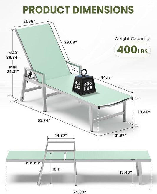Patio Chaise Lounge Chair Outdoor Set of 2 with Wheels&Armrests, Aluminum Pool Lounge Chairs Five-Position Adjustable Recliner, Outdoor Beach Lounge Chairs for Poolside, Patio, Deck, Yard, Light Green
