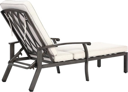Beige Aluminium Cast Chaise Lounge Chair Outdoor, Patio Chaise Lounge Chair with Cushion, Tanning Lounges, with Level Adjustable Recliner for Poolside, Patio, Deck, Yard