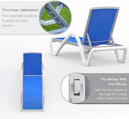 Domi Patio Chaise Lounge Chair Set of 3,Outdoor Aluminum Polypropylene Sunbathing Chair with Adjustable Backrest,Arm,Side Table,for Beach,Yard,Balcony,Poolside(2 Blue Chairs W/Table)