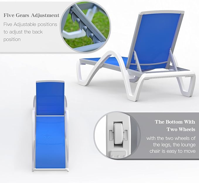 Domi Outdoor Lounge Chair, Aluminum Patio Chaise Lounge with 5 Position Adjustable Backrest and Wheels, All Weather Reclining Chair with Armrest for Patio, Yard,Balcony,Poolside (Blue)