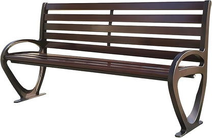 LITFAD Garden Bench Industrial Metal Frame Park Bench with Waterproof Wood Curved Seat Outdoor Seating Bench for Patio, Lawn, Yard, Porch - Brown 59" L x 19.5" W x 30.5" H