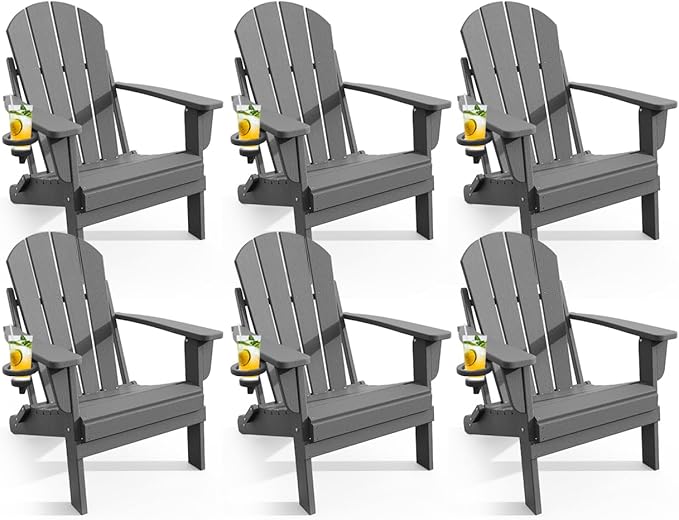 Adirondack Chair with Cup Holder Set of 6, Folding HDPE Patio Chairs, Outdoor Plastic Fire Pit Chair, Wood Texture, Lawn Chairs for Deck, Porch, Backyard, Garden, Slate Gray