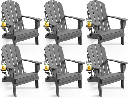 Adirondack Chair with Cup Holder Set of 6, Folding HDPE Patio Chairs, Outdoor Plastic Fire Pit Chair, Wood Texture, Lawn Chairs for Deck, Porch, Backyard, Garden, Slate Gray