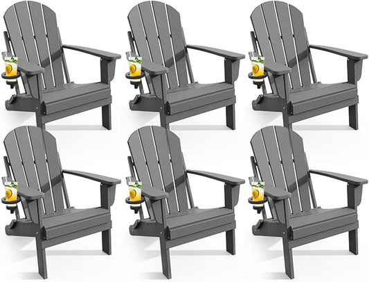 Adirondack Chair with Cup Holder Set of 6, Folding HDPE Patio Chairs, Outdoor Plastic Fire Pit Chair, Wood Texture, Lawn Chairs for Deck, Porch, Backyard, Garden, Slate Gray