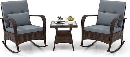ORALNER 3 Pieces Patio Furniture Set, Outdoor Wicker Rocking Chairs with Cushions, Pillows, Glass Coffee Table, Rattan Bistro Rocker Set for Balcony Front Porch Poolside Garden Deck Yard (Grey)