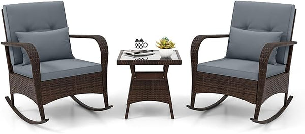 ORALNER 3 Pieces Patio Furniture Set, Outdoor Wicker Rocking Chairs with Cushions, Pillows, Glass Coffee Table - Photo 1