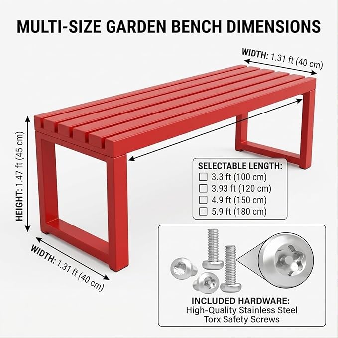 Outdoor Garden Bench, 3.3ft 3.9ft 4.9ft 5.9ft Metal Patio Benches Weatherproof Outside Backless Bench Front Porch Seat Outdoor for Park, Yard, Lawn and Backyard Outside Chair(Orange,5.9ft)