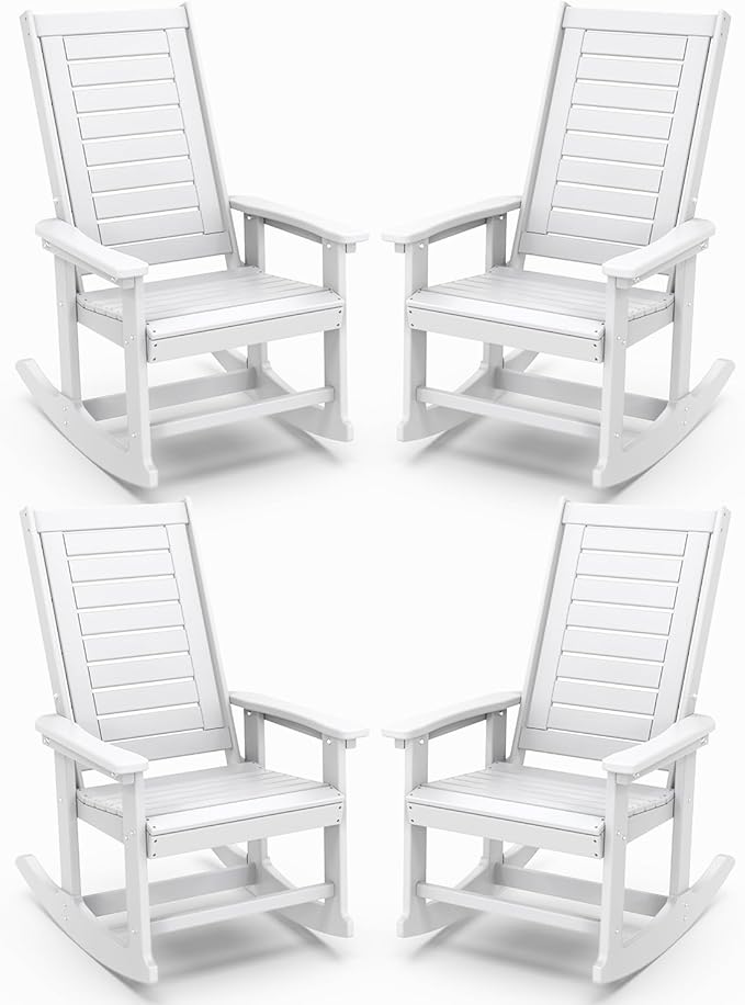 IVY&LANE Outdoor Rocking Chairs Set of 4 | Porch-Rockers | White | HDPE Plastic | All-Weather | High Back | Wide Seat | Oversized Patio Rocker for Adult | for Outside Deck Balcony Garden